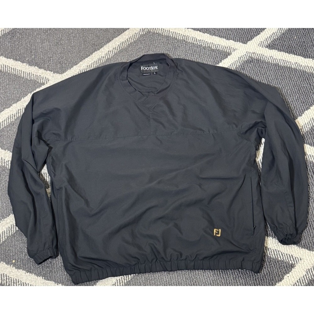 FootJoy Windbreaker Jacket Mens L Black Pullover Long Sleeve Crewneck Gold Logo